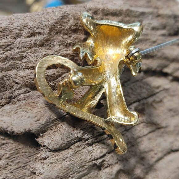 Jomaz Brooch Pin Vintage Gold Rhinestone Tiger Cat Black Enamel Stripes Crystal - Picture 11 of 11